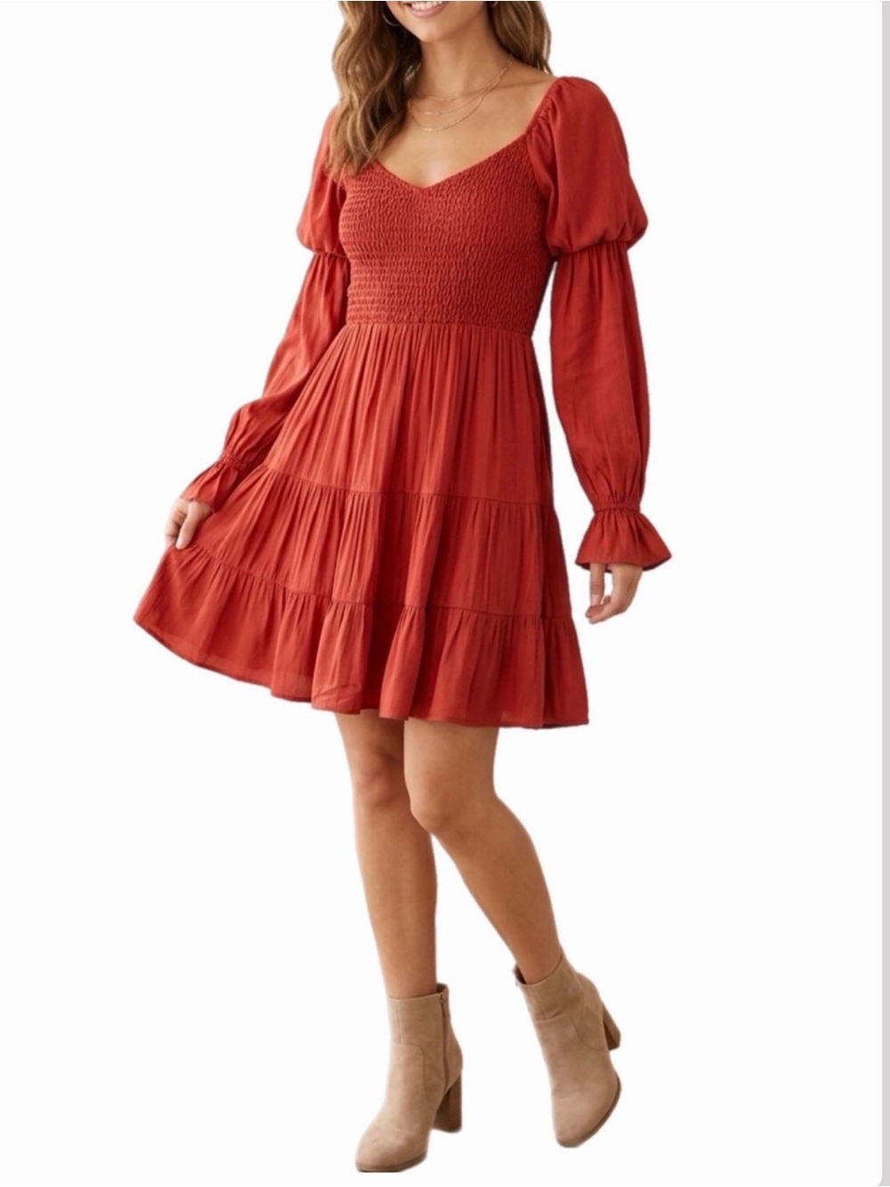Romantic Ruffled and Smocked Boho Brown/Burnt Orange Airy Mini Dress Size Small